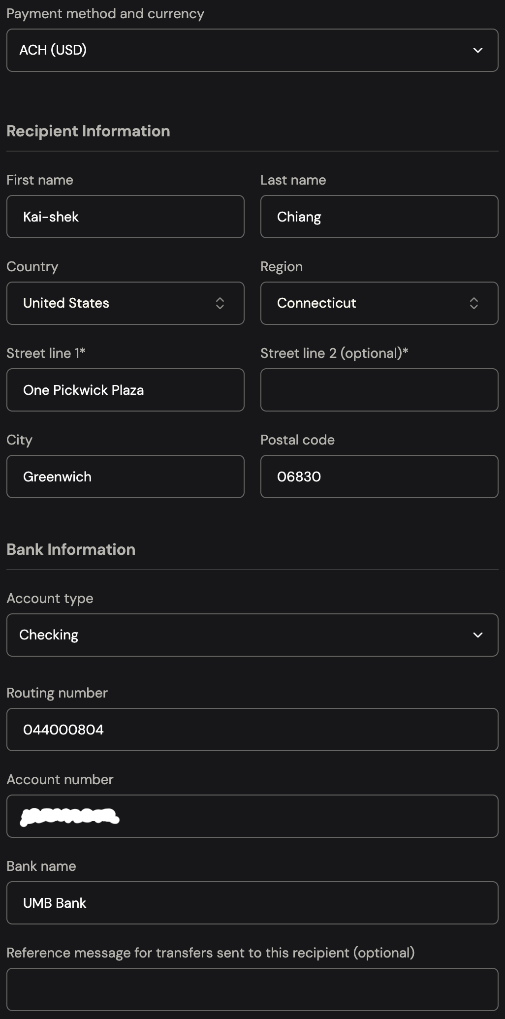 ether.fi Cash Bank recipient details form